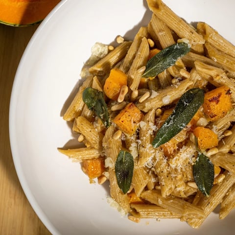 Golden butternut squash & sage brown butter pasta, tossed with whole wheat pasta and Parmesan for a cozy meal.