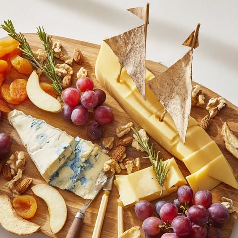 Elegant Sailboat Cheese Platter featuring Brie, grapes, and crackers, perfect for a party appetizer.