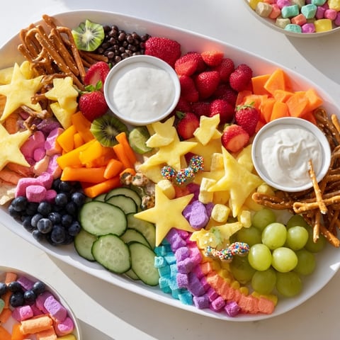 Vibrant Unicorn Party Platter: a colorful spread of fresh fruits, veggies, and magical unicorn treats ready to enjoy.