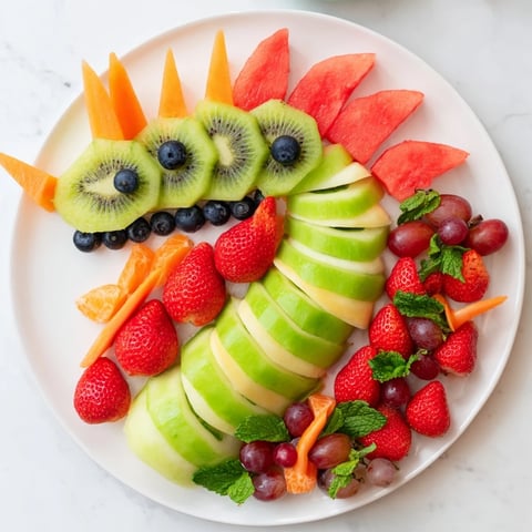 A colorful dragon-shaped fruit tray made of fresh watermelon, grapes, and berries.