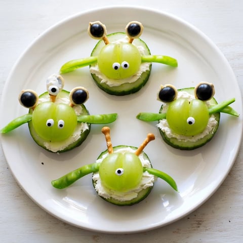 Cute Little Green Men Alien Snack Attack: colorful cucumber aliens with pretzel antennae and grape heads, ready to eat!