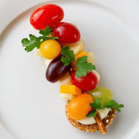 Vibrant Up, Up, & Away Hot Air Balloon Snacks, featuring colorful cherry tomatoes and grapes atop crunchy pretzel sticks.