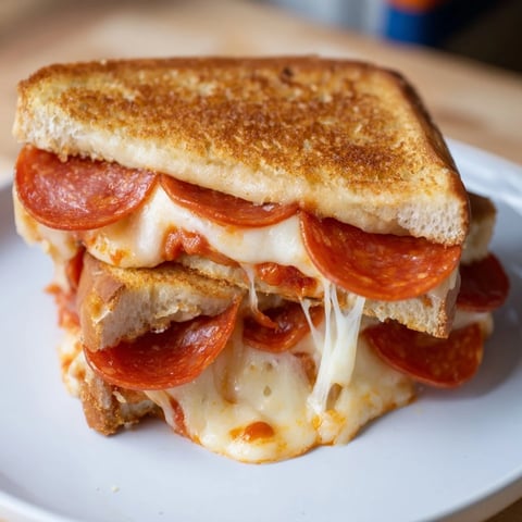 Golden-brown Pizza Grilled Cheese sandwich, oozing with melted mozzarella and savory pepperoni.