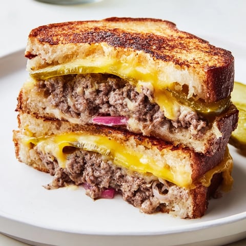 Golden, melty cheddar oozes from this Smashed Burger Grilled Cheese, a delicious comfort food sandwich.