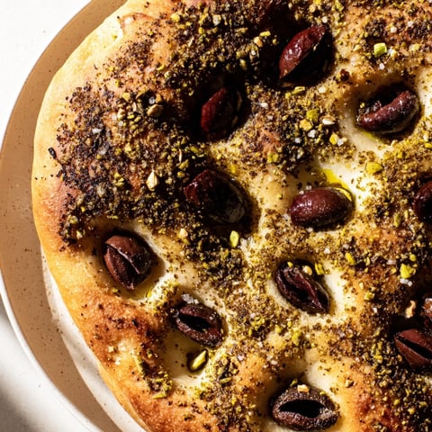 Golden-brown Zaatar Olive Focaccia, a savory bread drizzled with olive oil and sprinkled with herbs and olives.