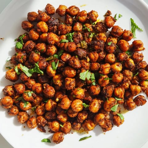 Golden-brown harissa chickpea roast: a crispy vegan snack with bold North African spices.