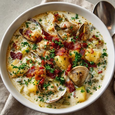 Bowl of New England Clam Chowder garnished with crispy bacon and fresh parsley, steaming hot.