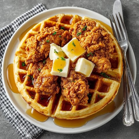 Chicken and waffles stacked on a plate, crispy fried chicken atop golden, fluffy waffles with syrup.