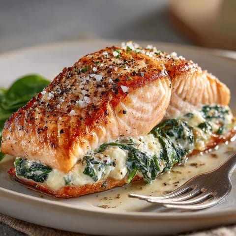 Juicy Easy Spinach Stuffed Salmon fillets on a baking sheet garnished with fresh lemon wedges.