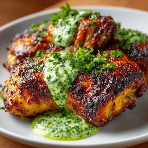 Succulent Peruvian Chicken with Creamy Green Sauce paired with zesty potatoes on a rustic platter.