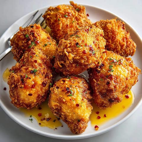 Juicy Buttermilk Fried Chicken with golden crust, served hot with homemade honey hot sauce drizzle.