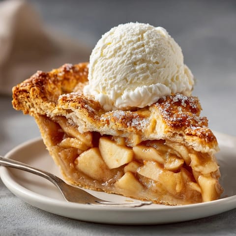Classic apple pie with vanilla bean ice cream melting over flaky, buttery, cinnamon-spiced layers.
