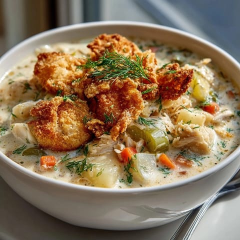 A bowl of creamy Pickle-Fix Coastal Clam Chowder topped with golden dill cracker crumbs.
