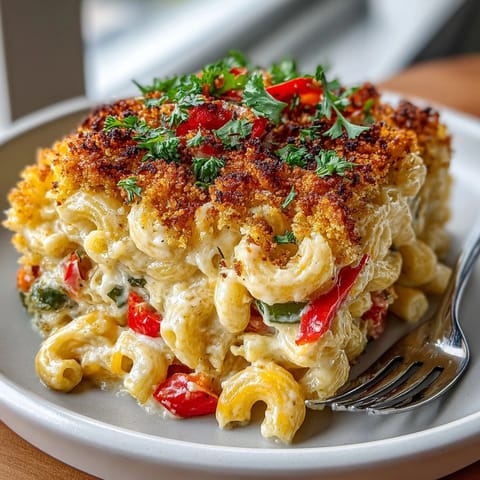 Freshly broiled Spiced Southwest Green Chile Mac and Cheese Skillet with creamy cheese sauce and vibrant roasted chiles.