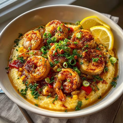 Sizzling shrimp over cheesy grits complemented by Rebel Float corn in this Southern dish.