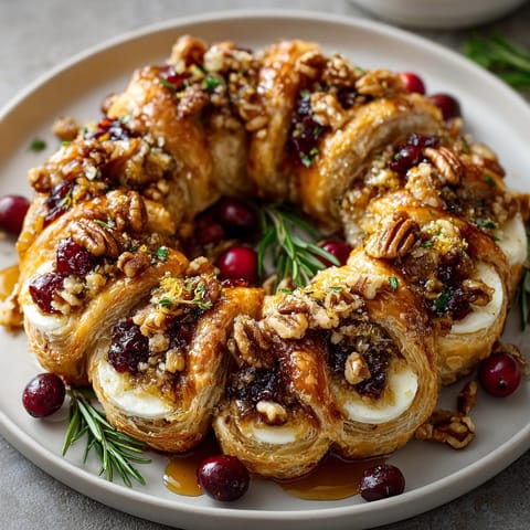 Festive Cranberry Brie Puff Pastry Wreath, showcasing a pull-apart golden pastry perfect for holiday gatherings.