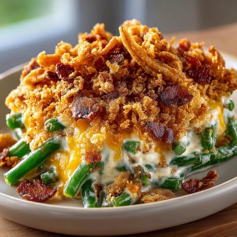 Creamy, cheesy casserole featuring green beans, bacon, and Cheddar: a delicious, hearty meal.
