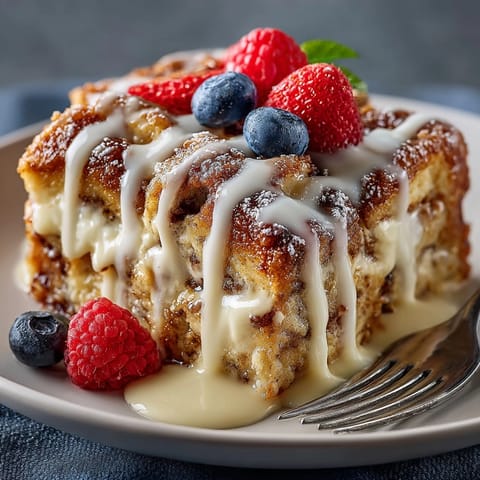 Golden baked Cinnamon Roll French Toast Casserole bubbling in a dish, ready for a cozy brunch.