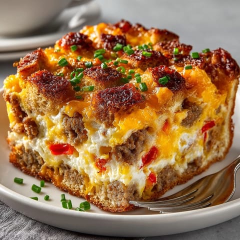 Hearty breakfast casserole with sausage and cheddar cheese, topped with herbs and melty cheese.