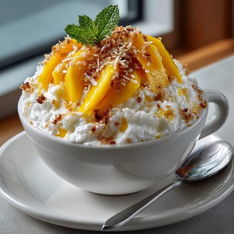Close-up of Thai Mango Sticky Rice Cups with vibrant mango slices resting on creamy coconut-sticky rice.