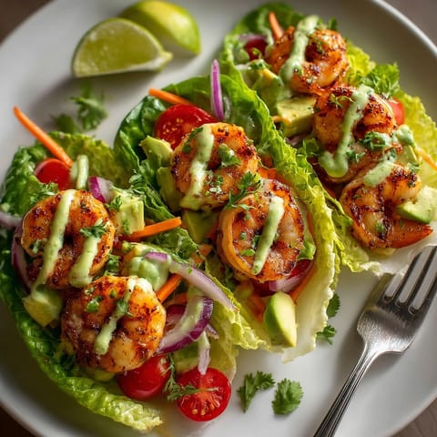 Vibrant Shrimp and Avocado Lettuce Wraps served on a platter for a healthy lunch.