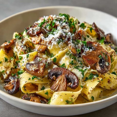 Caramelized wild mushroom pappardelle pasta tossed in silky parmesan cream, served piping hot for dinner.