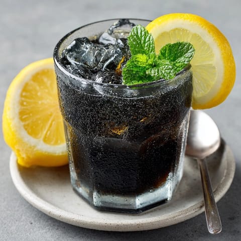 Refreshing Charcoal Lemonade recipe: dark detoxifying beverage, cold and citrusy, perfect thirst quencher.