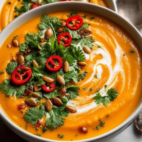 A bowl of fragrant Thai Butternut Squash Soup, steaming and rich with coconut milk.