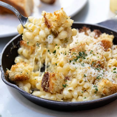 Homemade Mac and Cheese Sourdough Skillet: cheesy macaroni bubbling under browned, buttery sourdough.