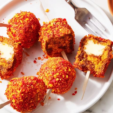 Deliciously spiced pumpkin muffin pops coated in Flamin Hot crunch, ideal for a party treat.  
