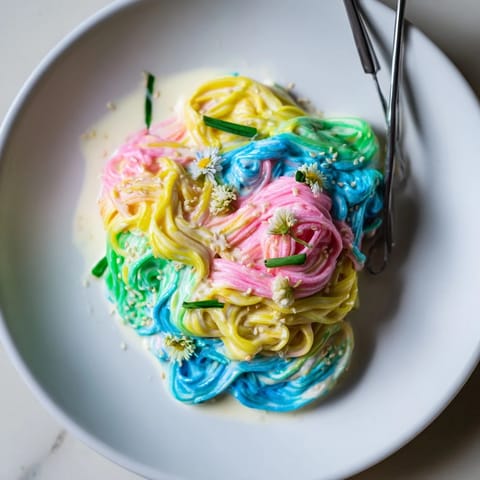Whimsical Neon Noodle Cloud dish showcasing cheerful colors and creamy cloud-like sauce.  