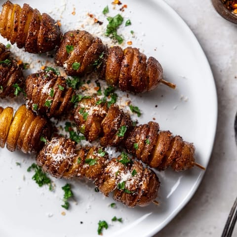 Golden spiral potatoes seasoned with garlic and smoked paprika, perfect for snacking.  