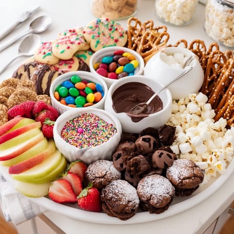 Festively arranged dessert board featuring fruit, cookies, and chocolate-dipped pretzels.  