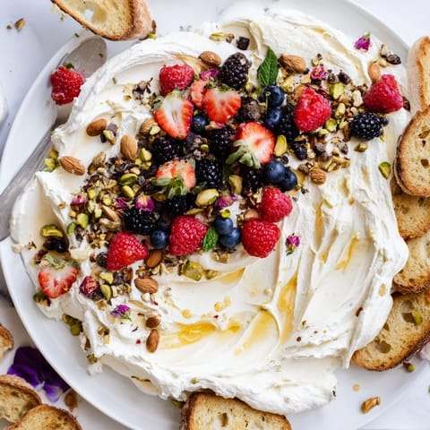 Delightful butter board dessert showcasing whipped cream cheese with colorful fresh berries.  