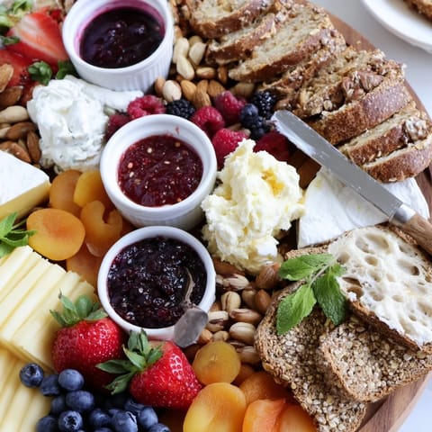 Brightly arranged jam-infused brunch board featuring artisanal breads and delicious spreads.  