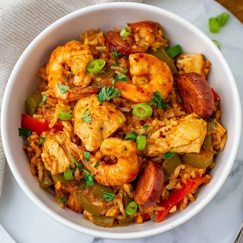 This close-up showcases a flavorful Cajun Jambalaya Rice Bowl, offering a delicious blend of textures and spices.