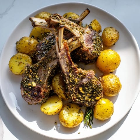 Golden roasted potatoes alongside perfectly seared herbed lamb chops, a flavorful, gluten-free meal.