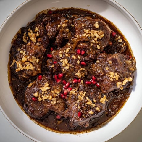 A close-up shot of the Budget Fesenjan Stew, steaming and ready for serving with basmati rice.