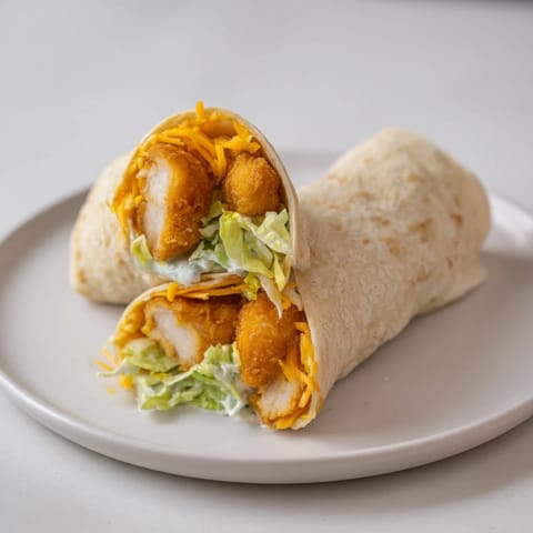 A close-up of a perfectly wrapped crispy chicken ranch snack wrap, ready to eat.