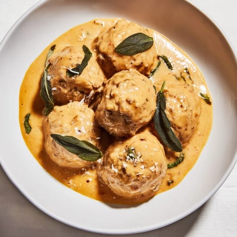 A warm bowl of Easy Turkey Meatballs in Pumpkin Sage Sauce, perfect for a comforting dinner.