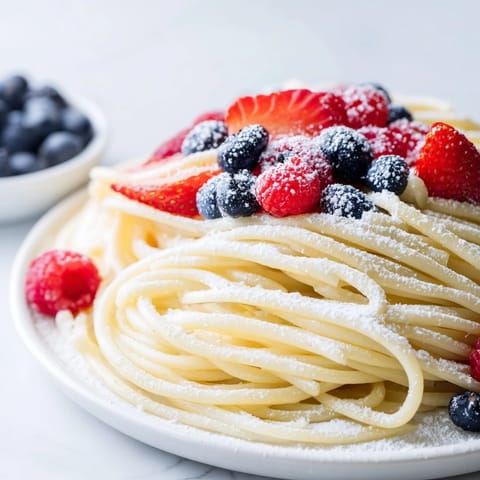 Quick Festive Pancake Spaghetti, a sweet brunch dish adorned with vibrant berries and powdered sugar.