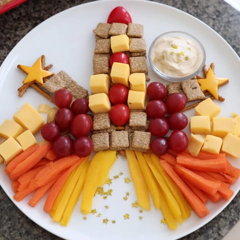 Delightful Blast Off Spaceship Snack Board with colorful veggies, cheese, and a cosmic presentation.