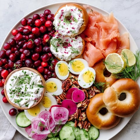 A delightful view: Fresh cranberries and smoked salmon adorn the festive cranberry sleigh bagel board.