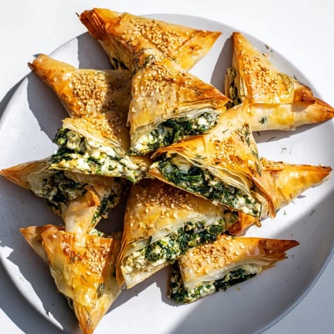 Golden, crispy Mini Spanakopita Triangle Cluster appetizer with inviting, flaky phyllo dough around a cheesy filling.