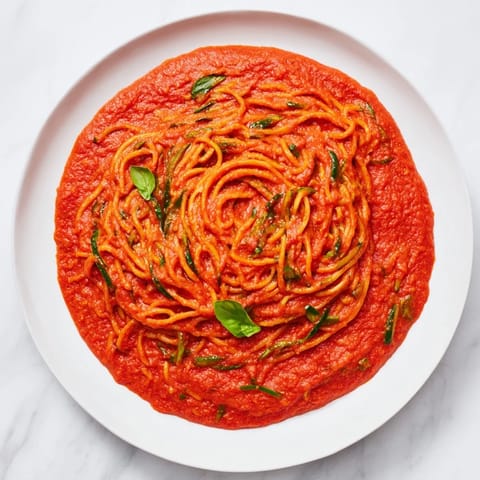 Freshly blended Veggie-Loaded Tomato Pasta Sauce, rich red, ready to generously coat pasta.