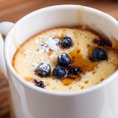 Warm, fluffy microwave mug pancakes presented in a mug, ideal served with fresh berries and ready quickly.