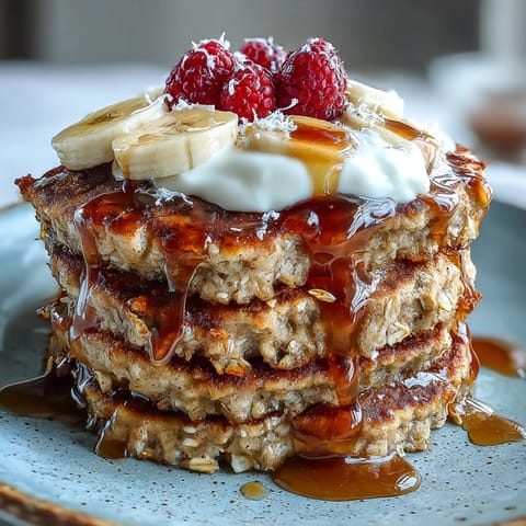 Golden brown Banana Oat Pancakes ready for a wholesome breakfast.