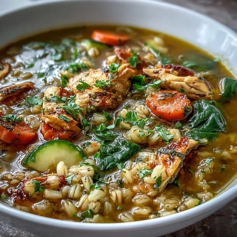 Hearty bowl of Soothing Turmeric Chicken with Pearl Barley, showing tender chicken.