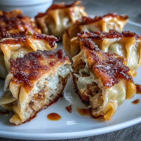 Steamed then pressed dumplings in a pan, served with a spicy soy and vinegar dipping sauce.