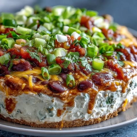 A vibrant bowl of 4-Way Layered Dip topped with olives and green onions, ready for a party snack spread.